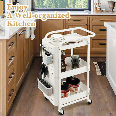 Kitchen Storage Trolley Cart 3-Tier Shelves Pegboards Carbon Steel Frame