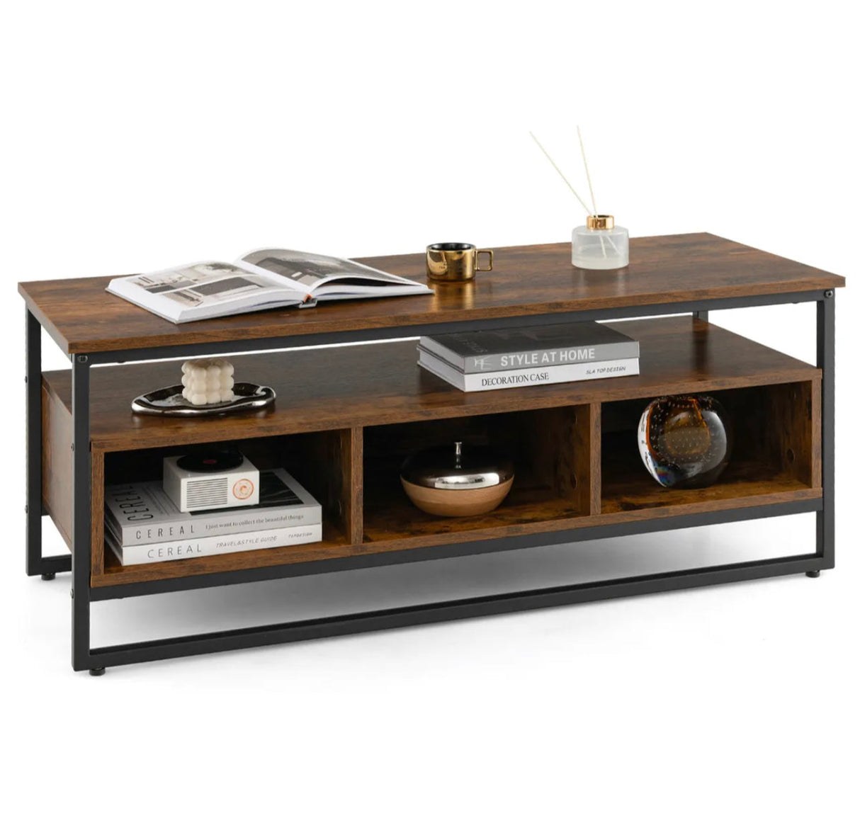 Industrial Coffee Table with Storage for Living Room Rustic Brown