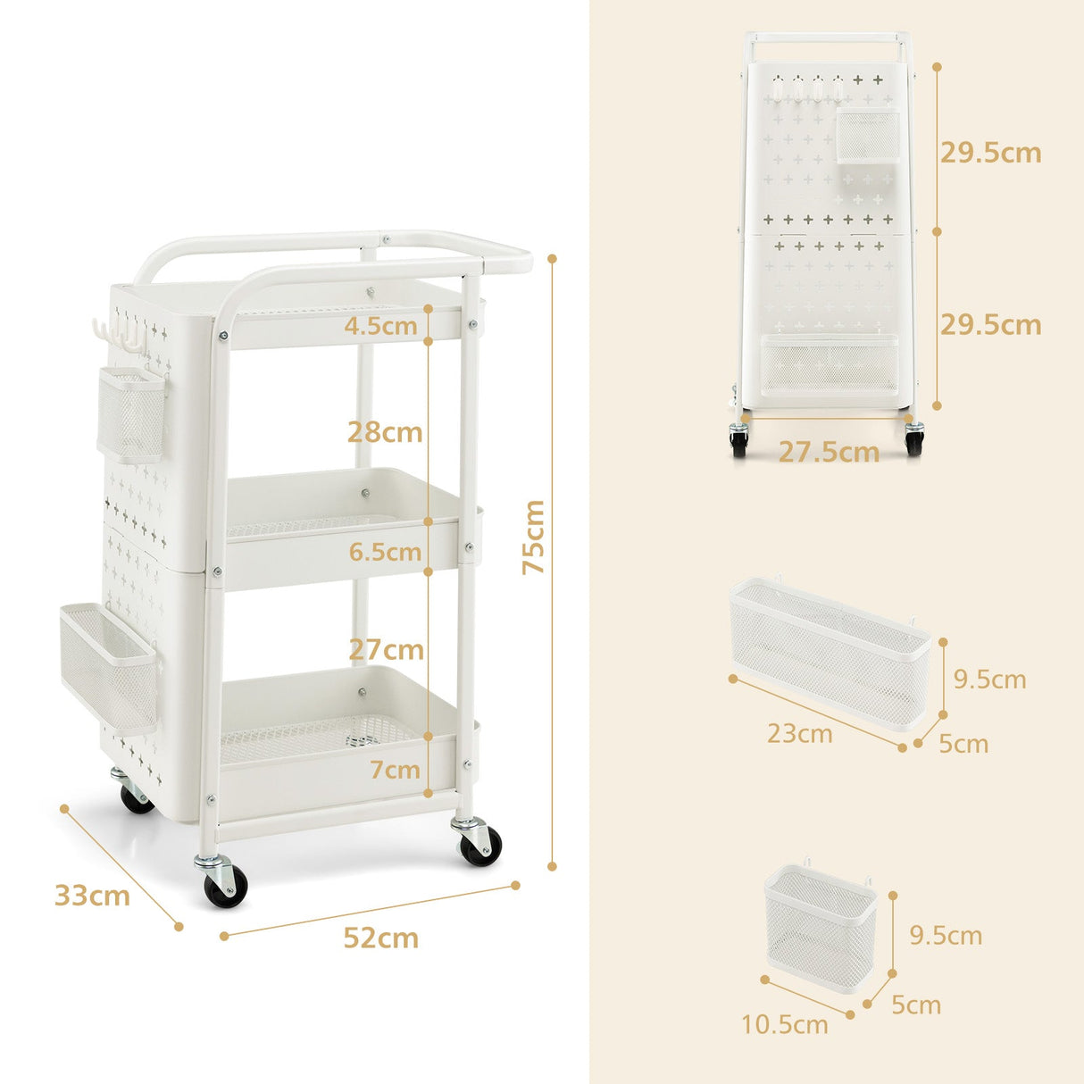 Kitchen Storage Trolley Cart 3-Tier Shelves Pegboards Carbon Steel Frame