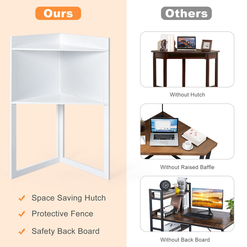 Corner Computer Desk Triangle Study Desk w/ Hutch & Keyboard Tray White