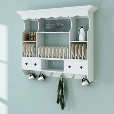 Kitchen Wall Cabinet Wooden Storage Shelves Drawers Hooks Rack Organizer White