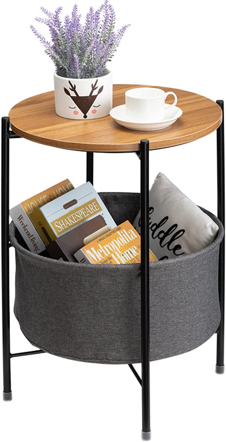 Round Side Table with Fabric Storage Basket, Metal Frame Coffee Table, Wooden Bedside Table, Removable Storage Box Wooden, Suitable for Living Room Bedroom Home Office Use