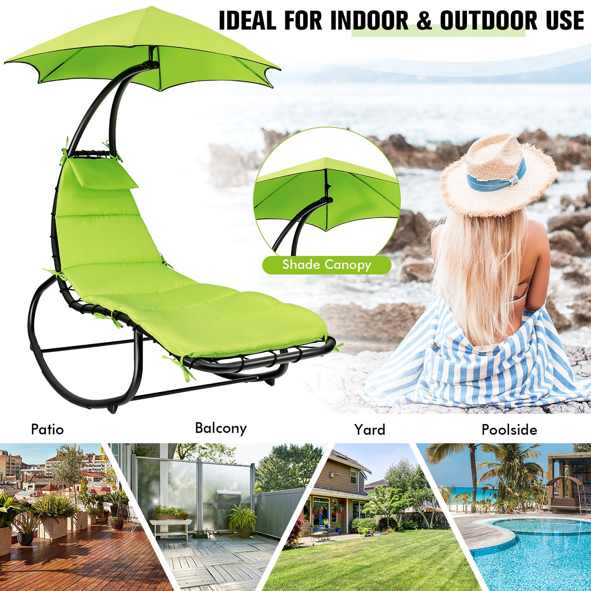 Hammock Chair Swing Lounger Chaise Outdoor Daybed w/ Pillow Canopy Stand Cushion