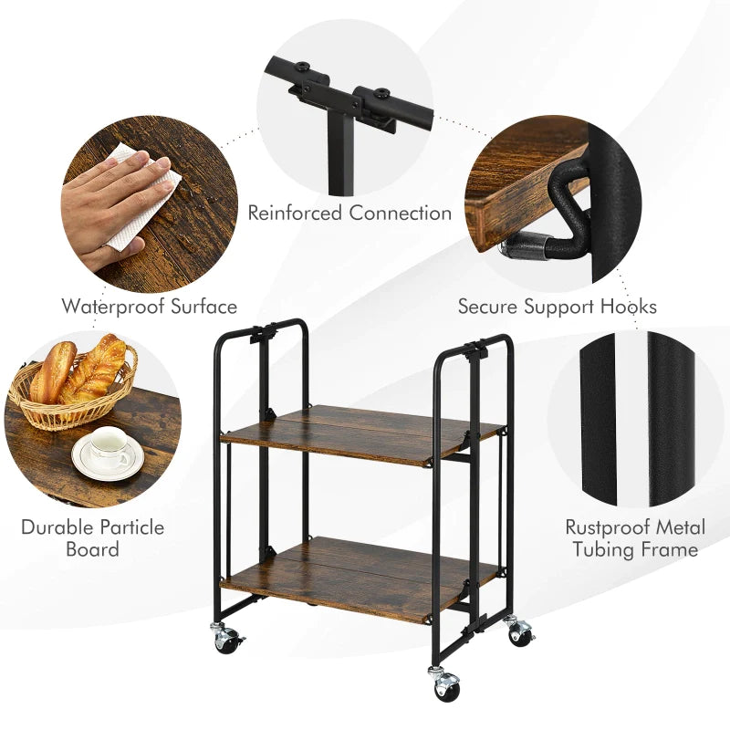 2-Tier Folding Trolley Cart Industrial Kitchen Serving Island on Wheels Metal Frame Mobile Baker Rack