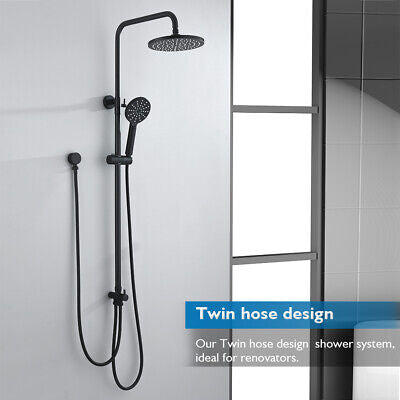 Shower Head Set Wall Mount Black 9" Rain Shower long rail with 2 Hoses