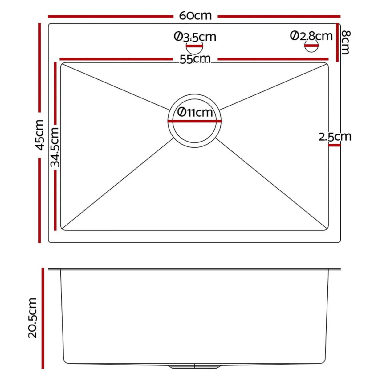 Stainless Steel Kitchen Sink Under/Topmount Sinks Laundry Bowl 600X450MM