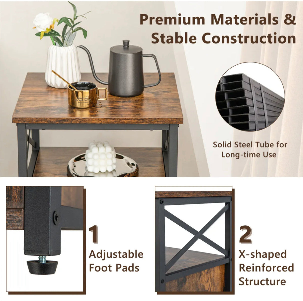 Industrial End Table Nightstand Set of 2 Wooden Bedside Sofa Side Table