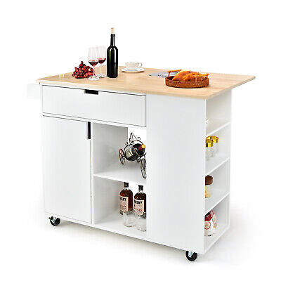 Kitchen Island Trolley Cart Drop-Leaf Top Storage Cabinet Drawer 5 Wheel