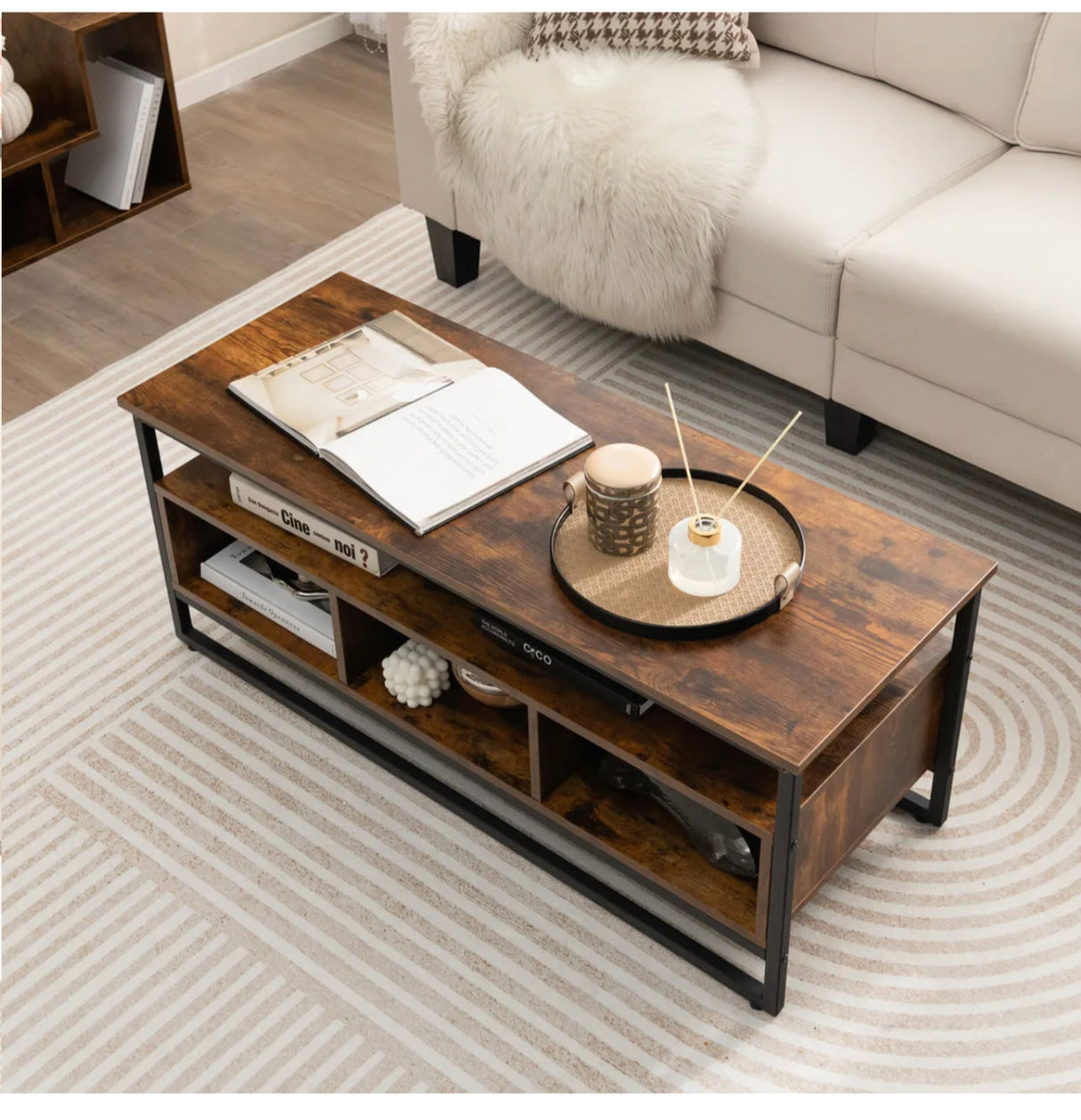 Industrial Coffee Table with Storage for Living Room Rustic Brown