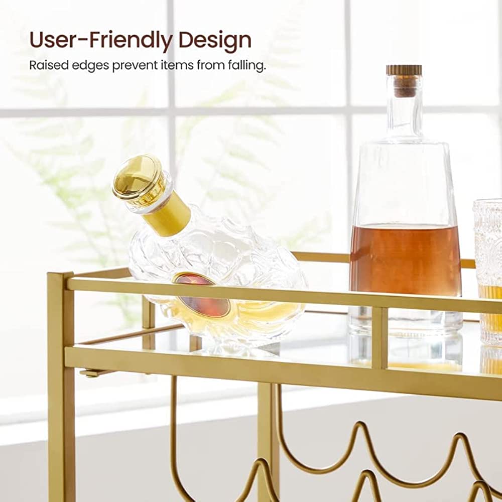 Bar Cart Gold, Home Bar Serving Cart, Wine Cart with 2 Mirrored Shelves, Wine Holders, Glass Holders, for Kitchen, Dining Room, Gold