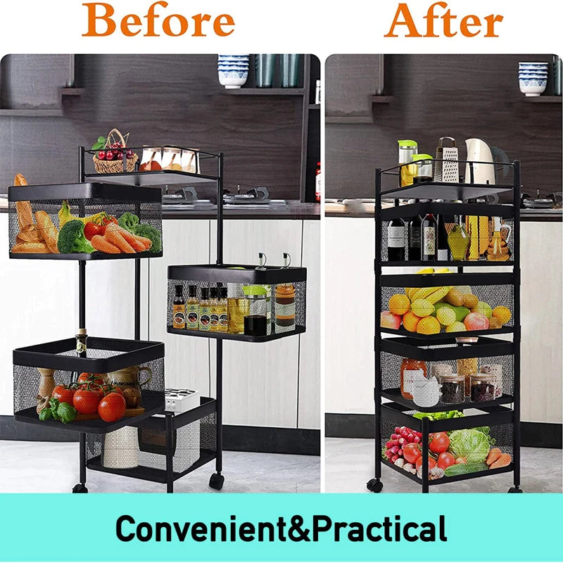 4 Tier Kitchen Trolley Storage Vegetable Rotating Basket Rack Organiser Holder