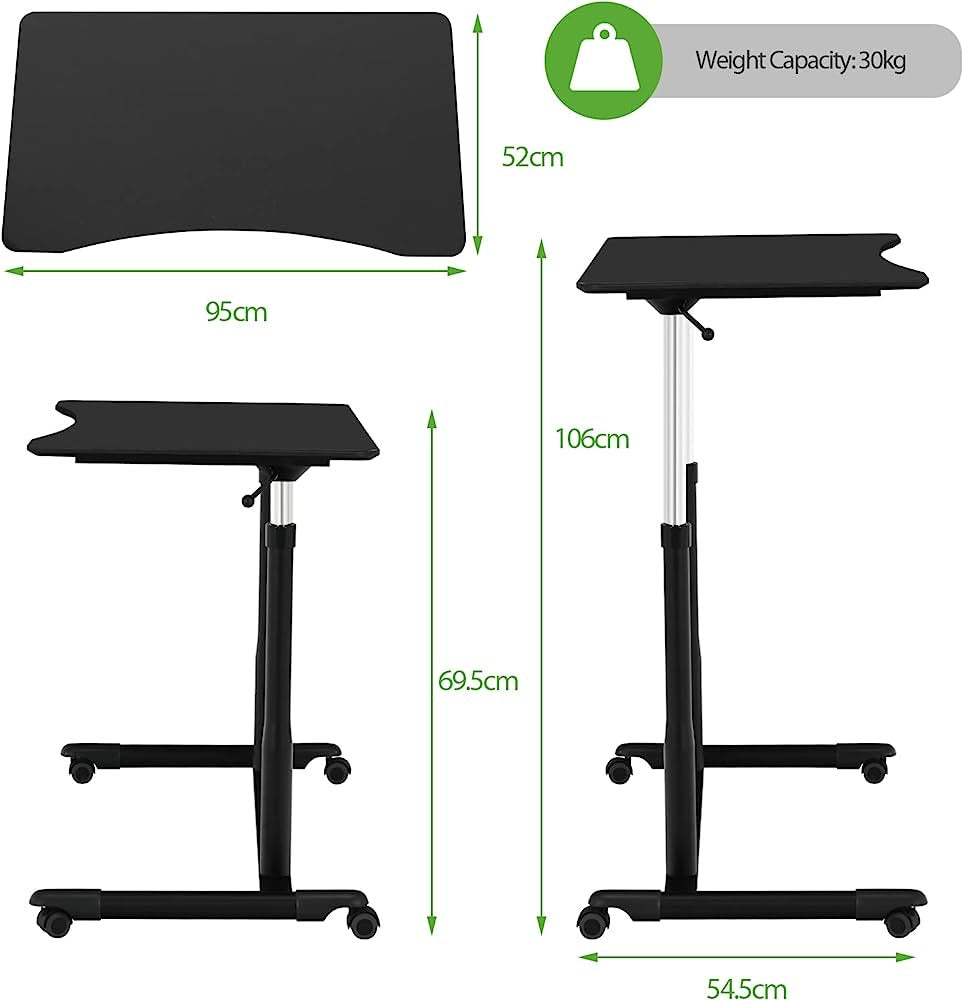 Mobile Height Adjustable Standing Desk, Compact Pneumatic Sit to Stand Up Computer Desk w/ Lockable Wheels, Ergonomic Rolling Laptop Table w/ Steel Frame for Home Office (Brown)