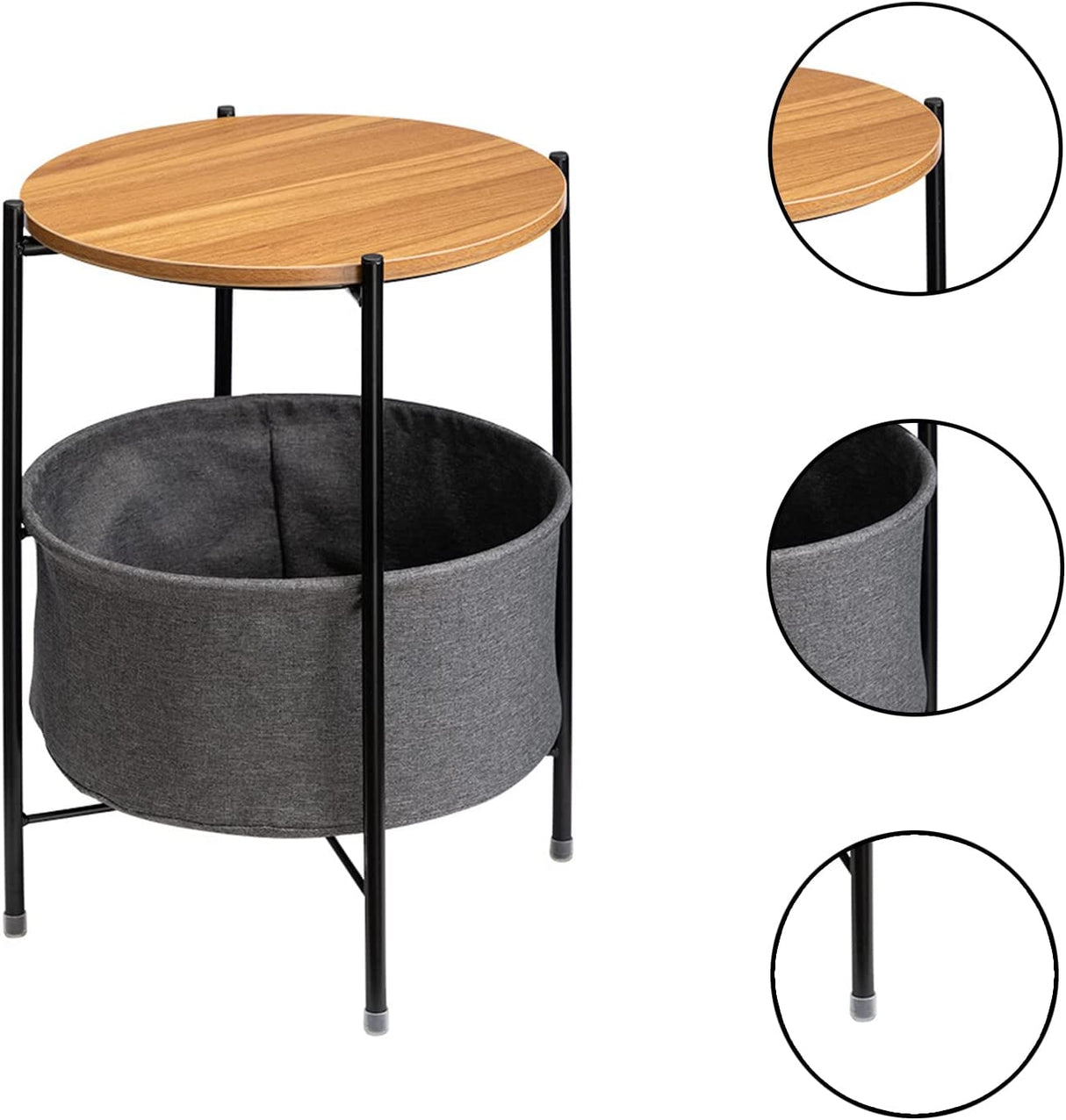 Round Side Table with Fabric Storage Basket, Metal Frame Coffee Table, Wooden Bedside Table, Removable Storage Box Wooden, Suitable for Living Room Bedroom Home Office Use