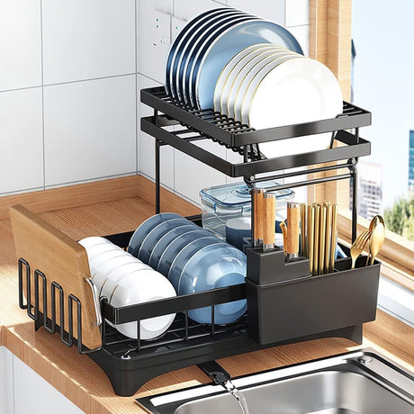 Dish Drying Rack, 2 Tier Dish Rack with Drainboard for Kitchen Counter, Multi-Functional Metal Storage Rack Detachable Dish Rack Organizer with Utensil Holder for Bowl, Cups, Cutting Board (White)