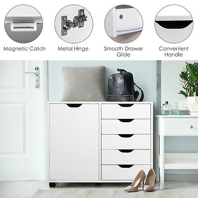 5-Drawer Storage Cabinet Mobile Printer Stand Dresser Wheel Modern White