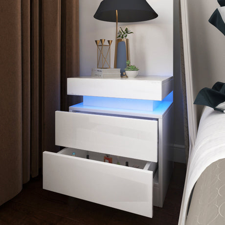 Bedside Tables Side Table Drawers RGB LED High Gloss Nightstand Storage Cabinet