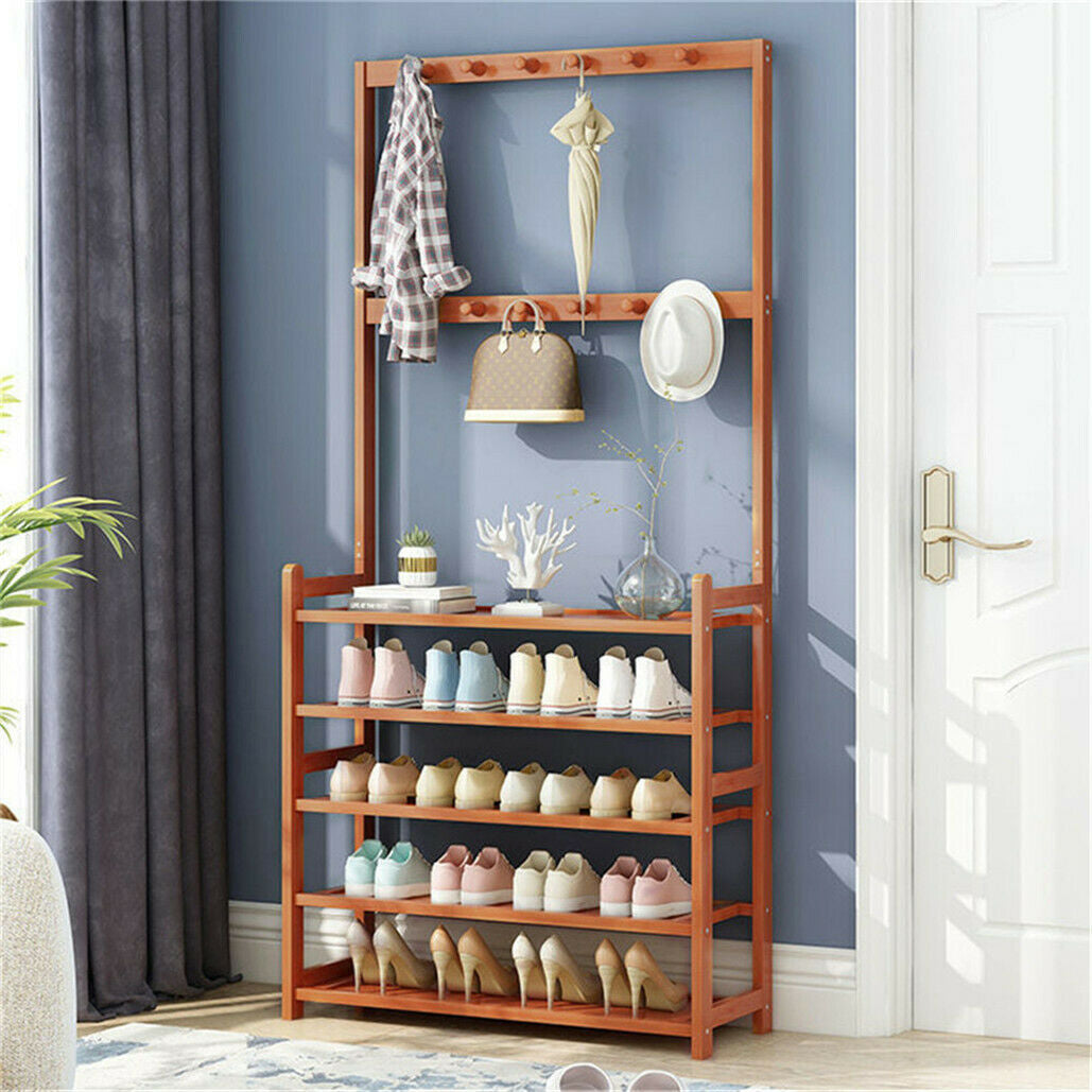 Large Wooden 5 Tiers Hat Coat Stand Clothes Shoe Rack Hanger Hooks Shelf Storage