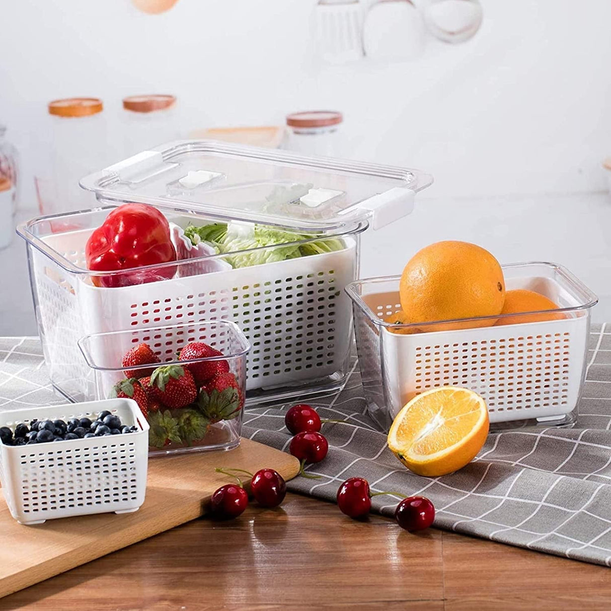 Vegetable and Fruit Storage Container for Fridge Pack of 3 (Light Gray)