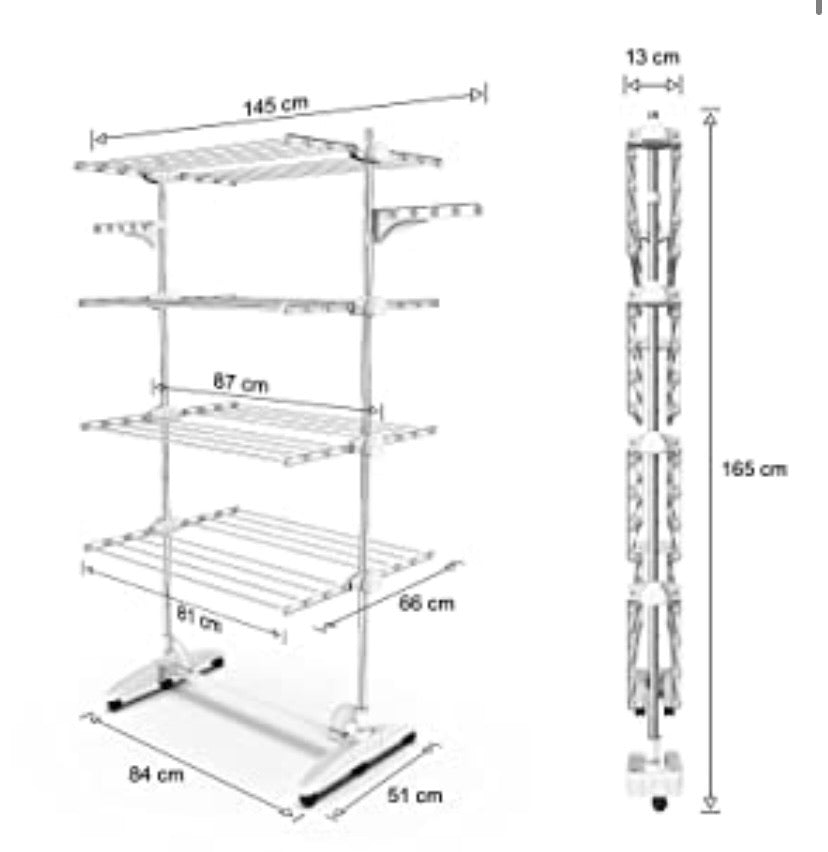 Laundry Drying Rack, Clothes Airer - Material: Stainless Steel Tubes - Maximum Load: 6.7 lbs per Support bar - 4 Shelves, White, with Wings