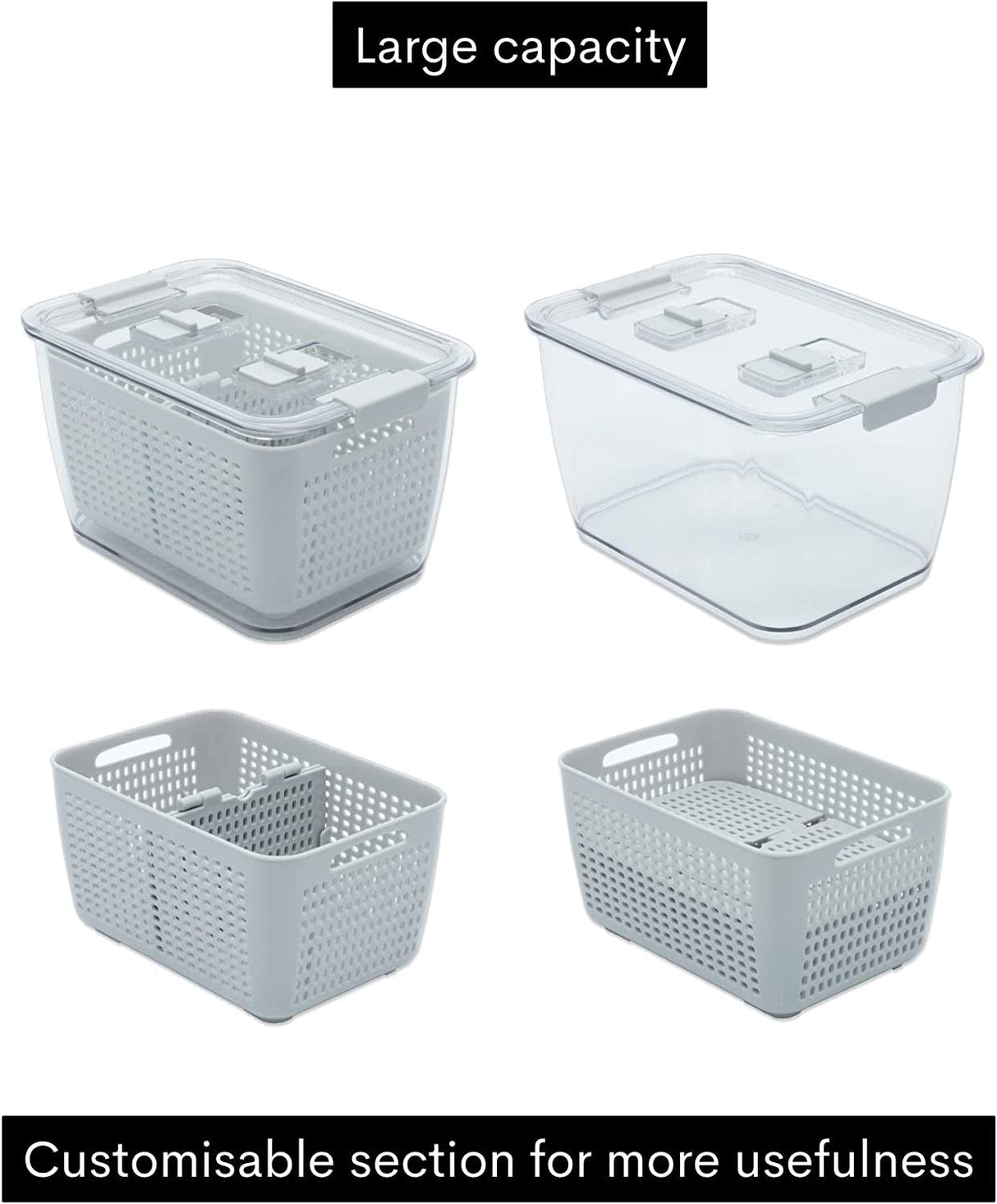 Vegetable and Fruit Storage Container for Fridge Pack of 3 (Light Gray)