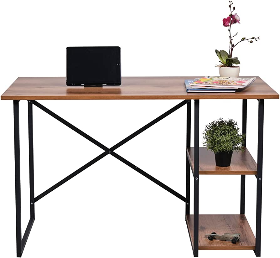 Computer Desk 120 x 60 x 75 Cm, Home Office Laptop Desk Study Writing Table with Storage Shelves On Left Or Right Side, Wood Table Metal Frame for PC Laptop