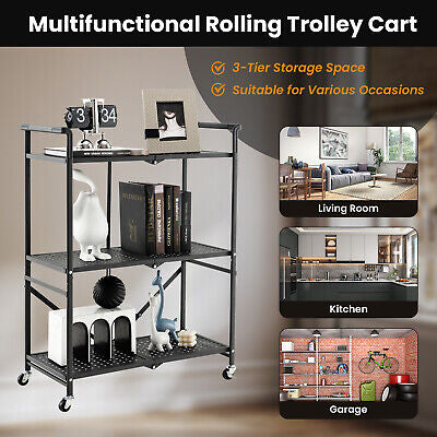 3-Tier Foldable Kitchen Cart Mobile Metal Organizer Rack Garage Storage Shelves