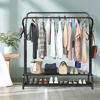 Heavy Duty Double Rail Clothes Garment Hanging Rack Shoe Metal Storage Shelf