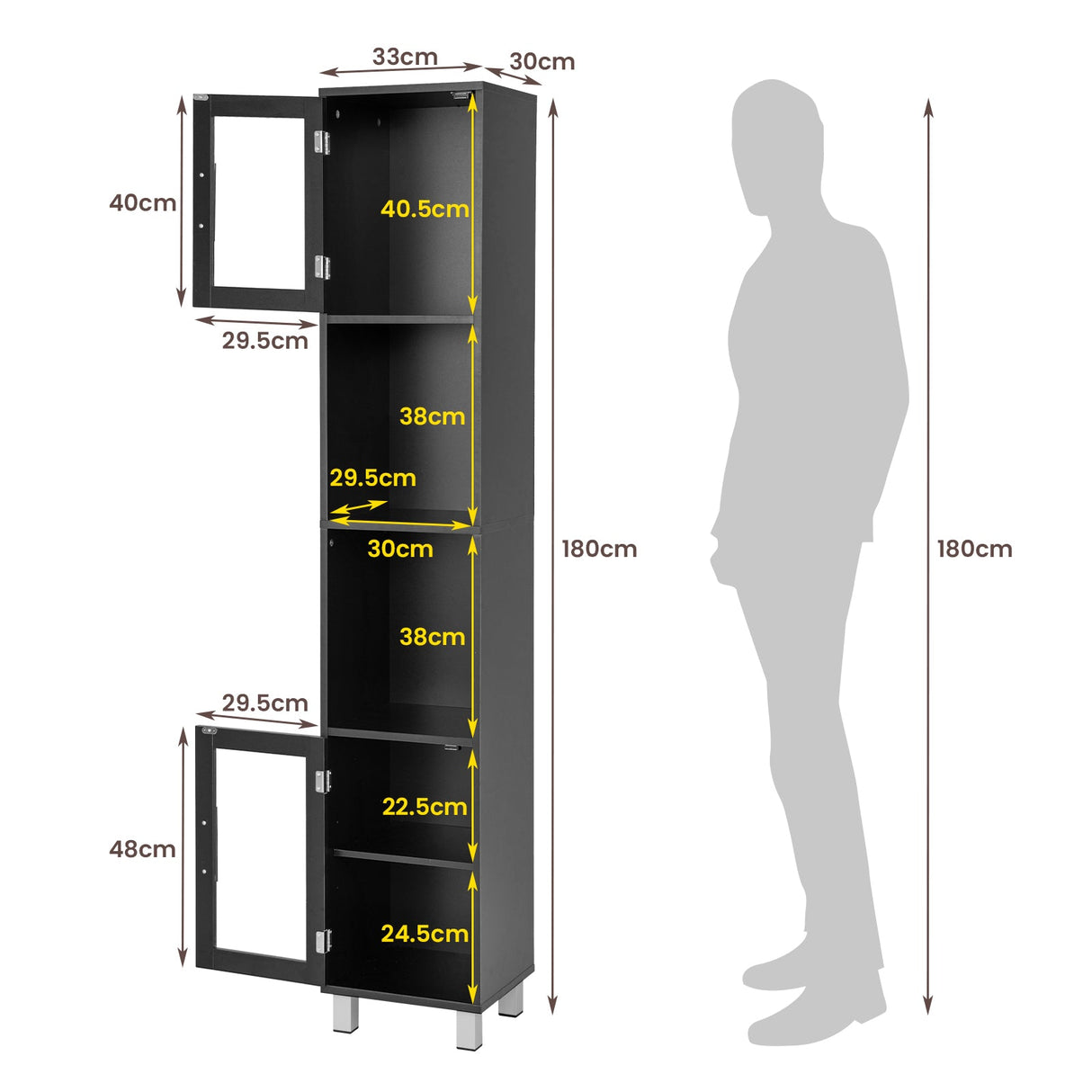 Bathroom Storage Cabinet Tall 5Tier Toilet Cupboard Glass Door White/Black 180CM