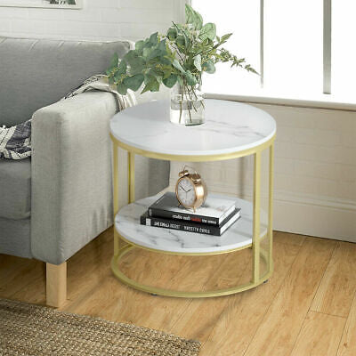 2-Tier White Real Marble Side Table Sofa Coffee End Table W/ Storage Shelf Round