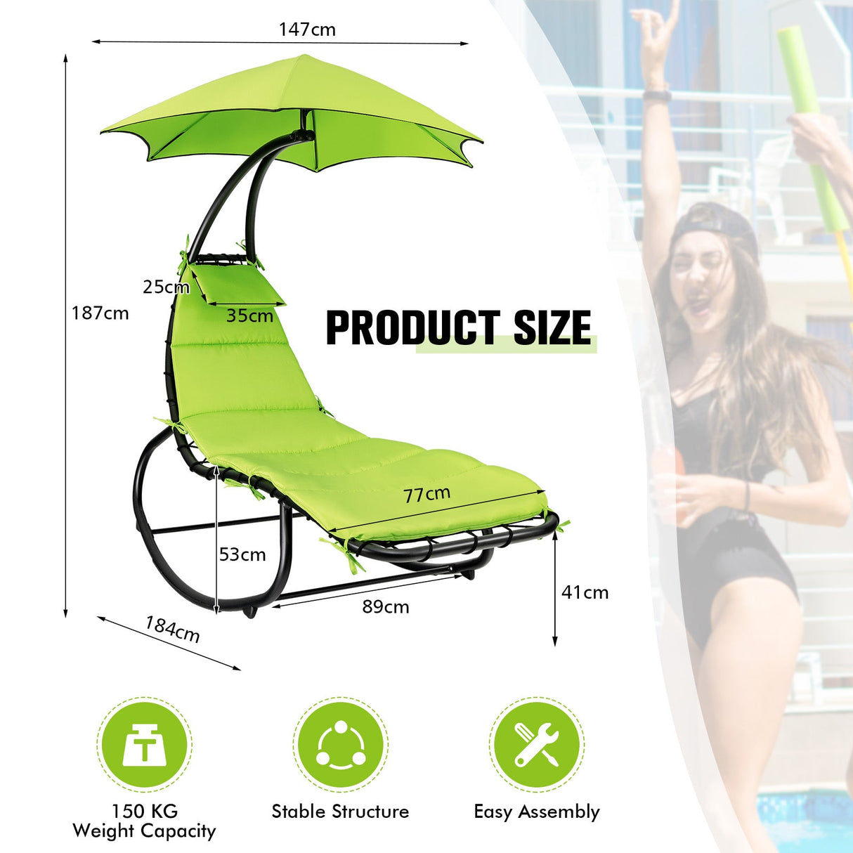 Hammock Chair Swing Lounger Chaise Outdoor Daybed w/ Pillow Canopy Stand Cushion