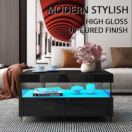 Luxsuite Coffee Table LED High Gloss Rectangle with 2 Drawers 16 LED Colours Living Room Storage Modern Furniture