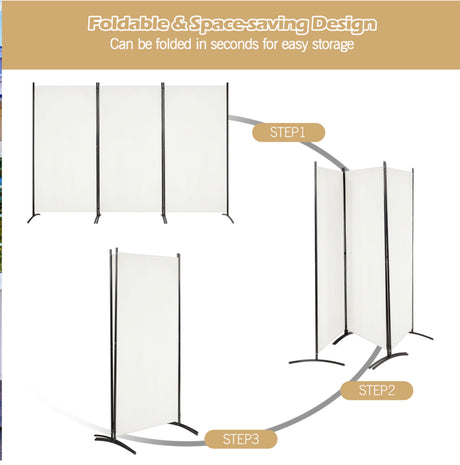 3-Panel Room Divider Folding Privacy Screen with Hinges Steel Base Wood