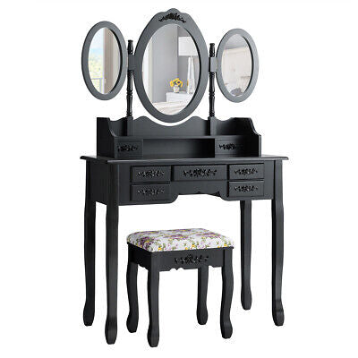 Dressing Table Set w/Makeup Desk & Stool Tri-Folding Vanity Mirror Drawers Black