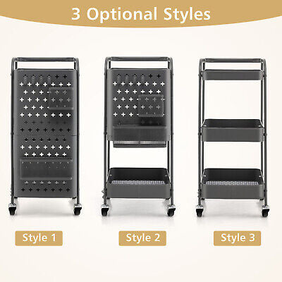 Kitchen Storage Trolley Cart 3-Tier Shelves Pegboards Carbon Steel Frame