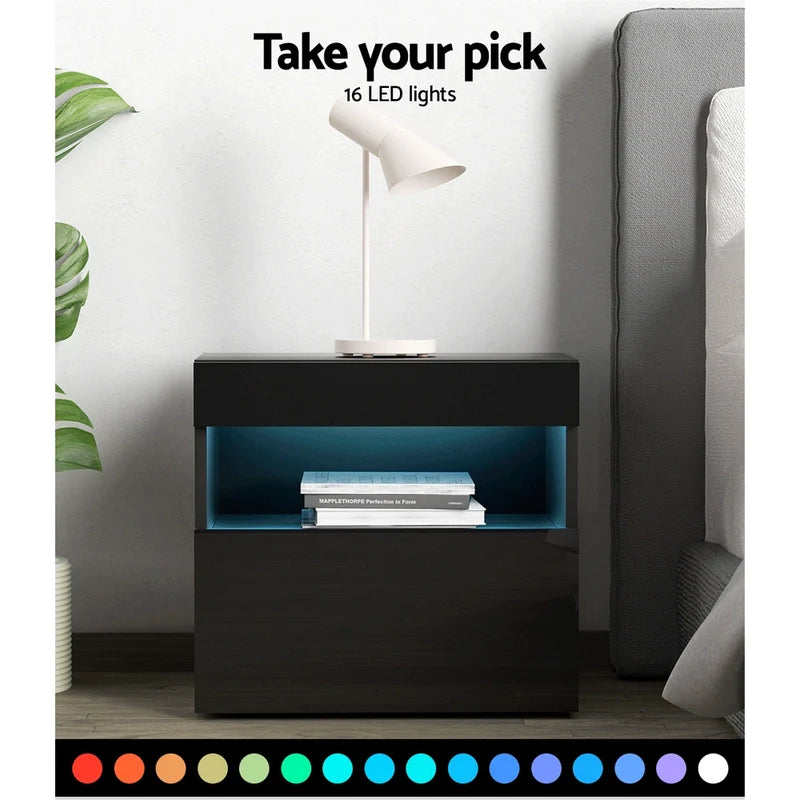 Bedside Tables RGB LED Drawers High Gloss Side Table Nightstand Black