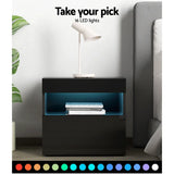 Bedside Tables RGB LED Drawers High Gloss Side Table Nightstand Black