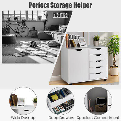 5-Drawer Storage Cabinet Mobile Printer Stand Dresser Wheel Modern White