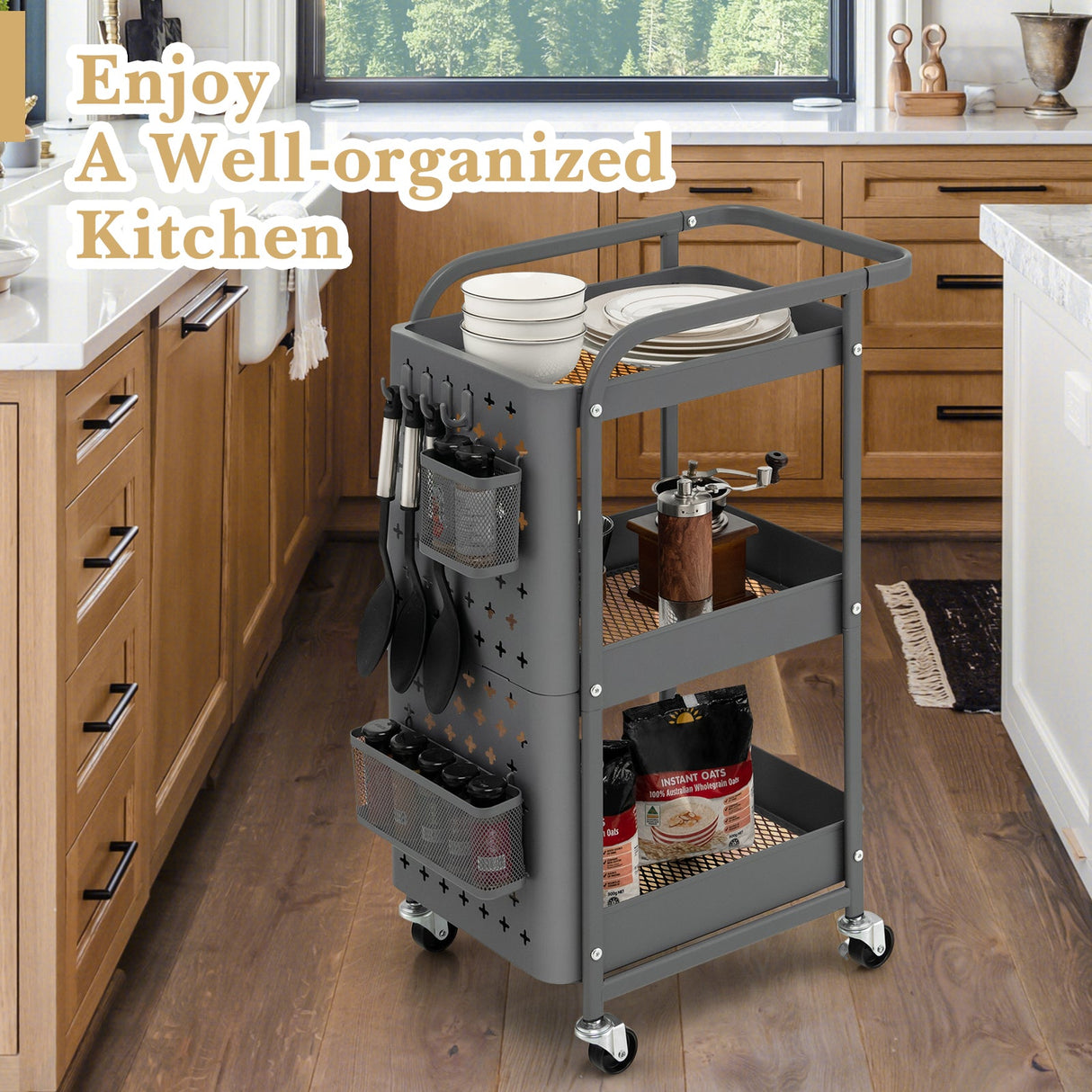 Kitchen Storage Trolley Cart 3-Tier Shelves Pegboards Carbon Steel Frame