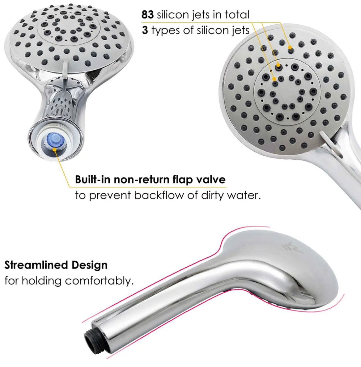 5 Function Massage Rain Hand Held Shower Head with 1.5m Hose Chrome Round