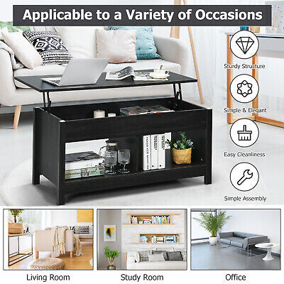 Lift Up Top Coffee Table Modern Open & Hidden Storage Shelf Ivory/Black