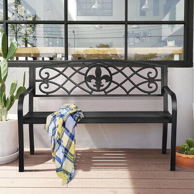 Patio Garden Bench Park Yard Outdoor Furniture Steel Slats Porch Chair Seat