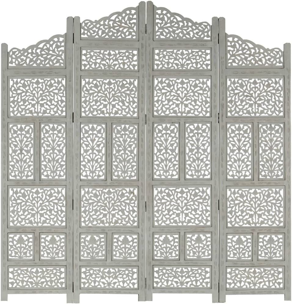 Solid Mango Wood Hand Carved 4-Panel Room Divider Wooden Bedroom Living Room Office Privacy Screen Partition Paravent Grey 160x165 cm