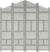 Solid Mango Wood Hand Carved 4-Panel Room Divider Wooden Bedroom Living Room Office Privacy Screen Partition Paravent Grey 160x165 cm