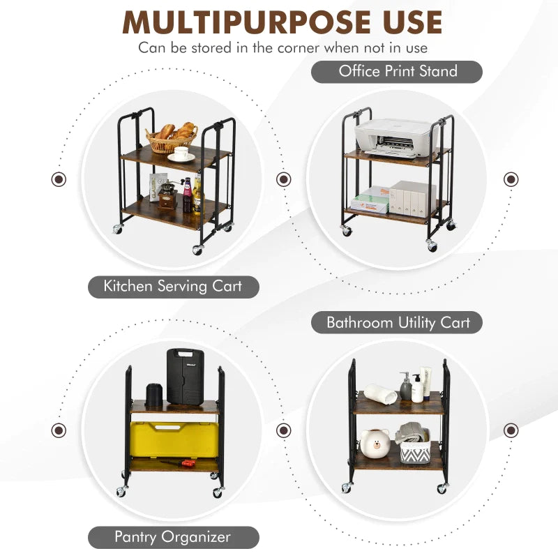 2-Tier Folding Trolley Cart Industrial Kitchen Serving Island on Wheels Metal Frame Mobile Baker Rack