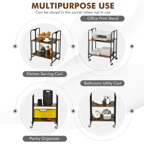 2-Tier Folding Trolley Cart Industrial Kitchen Serving Island on Wheels Metal Frame Mobile Baker Rack