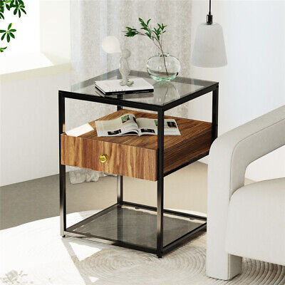 Modern Bedside Table Storage Glass End Table Drawer Living Room Bedroom Cabinet