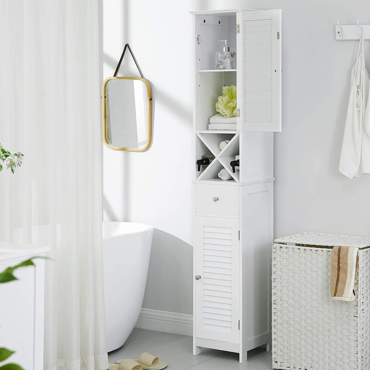 Bathroom Cabinet Tall Cabinet with 2 Slat Doors Storage Cabinet with Drawer Removable X-Shaped Shelf 32 x 30 x 170 cm Scandinavian Style White