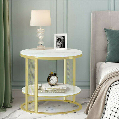 2-Tier White Real Marble Side Table Sofa Coffee End Table W/ Storage Shelf Round