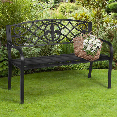 Patio Garden Bench Park Yard Outdoor Furniture Steel Slats Porch Chair Seat