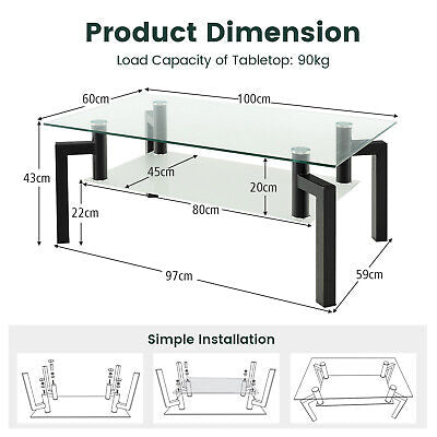 Glass Coffee Table 2-Tier Tempered Accent Table W/ Metal Tube Legs Living Room